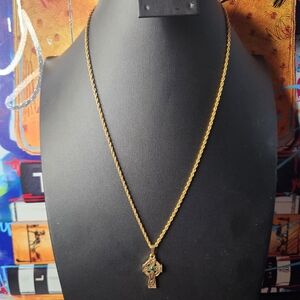 Vintage Celtic Cross necklace goldtone with green Gem in center